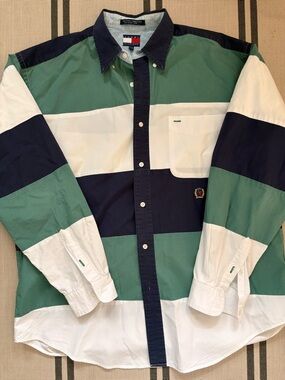 Tommy Hilfiger Green, Navy & White Striped Button-Down Shirt